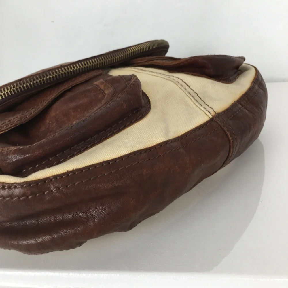 Lucky Brand Italian Leather & Canvas Shoulder Bag Brown Tan Hobo Bag Purse